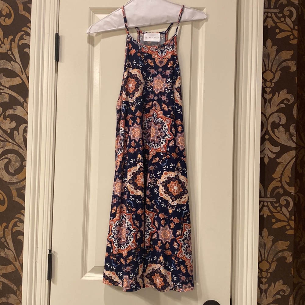 French Grey Floral Print Dress - Navy and Peach